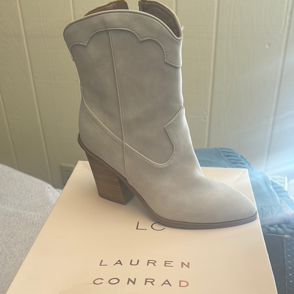 LC Lauren Conrad Gray Heeled Boots with Western Style